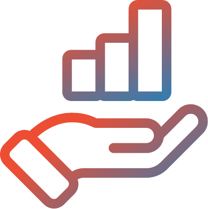 Gradient icon combining a red bar graph and an open hand, set against a green background, symbolizing support in analytics or growth assistance
