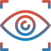 Stylized eye icon within a scanning reticle, employing gradient red and blue tones on a green background, suggesting visual recognition or surveillance
