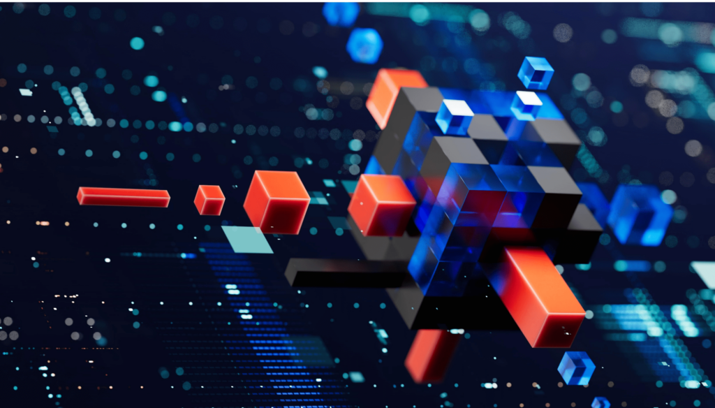 3D render of abstract geometric shapes in red and black floating against a backdrop with digital elements, symbolizing complex data structures